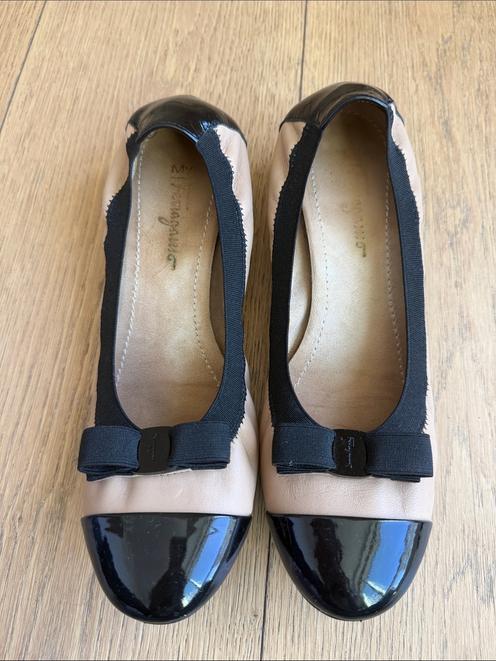 Salvatore Ferragamo Beige and Black Patent Cap-Toe Ballet Flats